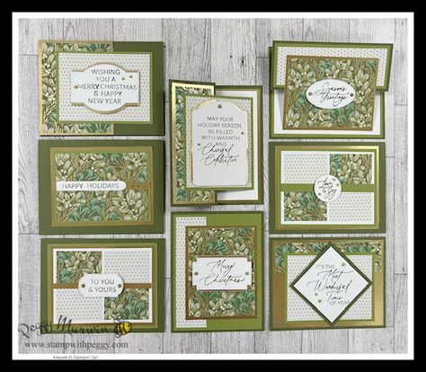 Next week we have new Online Exclusives and today I have a Season of Green & Gold Sneak Peek.  I love One Sheet Wonder templates One Sheet Wonder Templates, One Sheet Wonder, Beautiful Christmas Cards, Stampin Up Christmas Cards, Designer Paper, Stampin Up Christmas, Diy Christmas Cards, Su Cards, Gold Paper