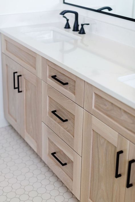 White Oak With Black Hardware, White Oak Black Hardware, Light Wood Floors Oak Kitchen Cabinets, Modern Farmhouse Bathroom Cabinet Hardware, Bathroom Remodel Black Hardware, Natural Vanity Bathroom Ideas, Black Hardware In Bathroom, Light Oak Bathroom Cabinets, White Oak Vanity With Black Hardware