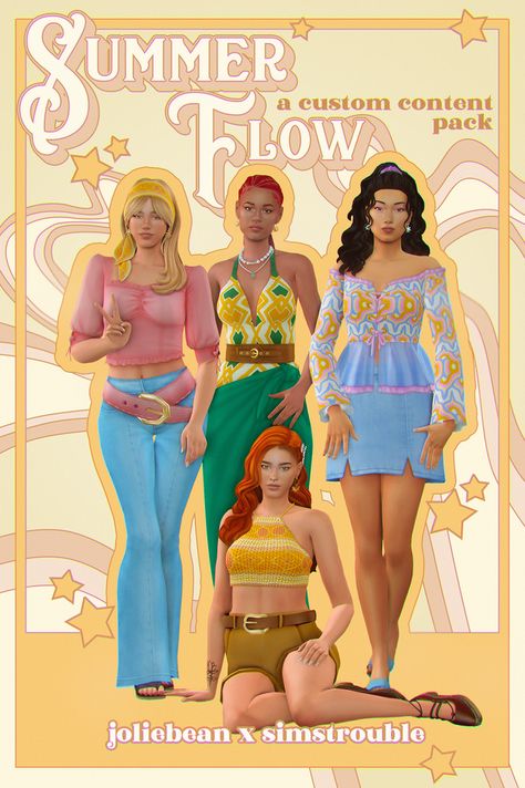 Summer Flow, a CC pack by Joliebean & Simstrouble | Joliebean on Patreon Sims 4 1960s Cc, Sims 4 60s Cc, Sims 4 70s Cc, 70s Hair, Oc Stuff, Free Sims, Packing Clothes, Sims Building, 70s Outfits