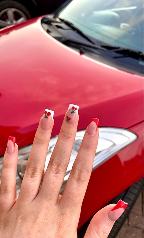 Cheery Nail Acrylic, Square Nails Cherry, Square Cherry Nails, French Tip With Cherry, Cherry Square Nails, Cherry Nails Square, Nails With Cherry Design, Italian Inspired Nails, White And Red Nails Ideas