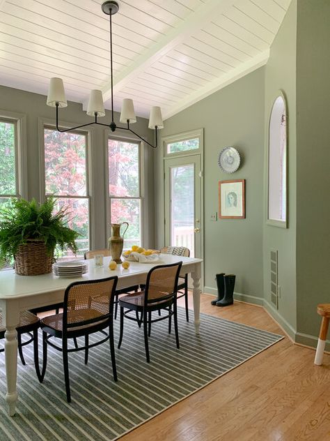 Portfolio — Friday & Co Design Green Walls White Ceiling, Sage Green Dining Room Walls, Green Dining Room Walls, Wall Dining Table, Moody Room, Green Walls Living Room, Dining Room Wall Color, Paint Walls, Enclosed Porch