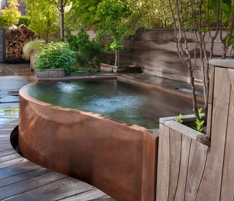 Copper Hot Tub by Diamond Spas; photo by D Stignu Hydrangea Aesthetic, Modern Hot Tubs, Outdoor Spas Hot Tubs, Hillside Pool, Greens Garden, Pool Bed, Garden River, Conservatory Greenhouse, Outdoor Hot Tub