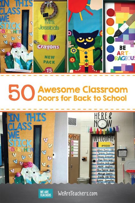 50 Awesome Classroom Doors for Back to School. What better way to welcome your students than these ideas for bright classroom doors. (They make great bulletin boards, too!) #backtoschool #backtoschoolideas #classroomdecor Kindergarten Classroom Door, Preschool Door Decorations, Kindergarten Door, Back To School Door, Welcome To Preschool, Classroom Door Decorations, Teacher Door Decorations, Preschool Door, Kindergarten Bulletin Boards