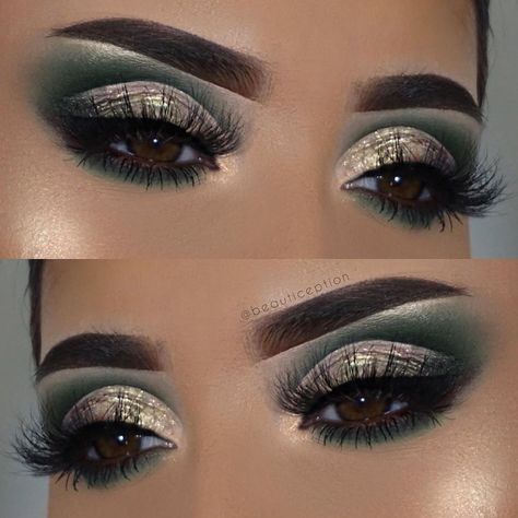 Emerald Green Makeup Looks For Brown Eyes, Make Up Green And Gold, Emerald And Gold Makeup Looks, Emerald Green And Gold Quince Makeup, Green Makeup Green Eyes, Forest Green Prom Makeup, Dark Green Quinceanera Makeup, Gold And Emerald Makeup Looks, Emerald Green 15 Makeup