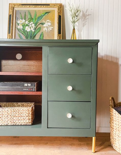 Added a little pop of color and some new legs to this 2000s TV console. Find me @maruyama_house on instagram to see my next flip! Tv Stand Painted, Painted Tv Console Ideas, Colorful Tv Console, Tv Console Furniture Flip, Painted Green Tv Stand, Boho Green Tv Stand, Upcycled Tv Stand, Paint Tv Stand, Modern Boho Furniture