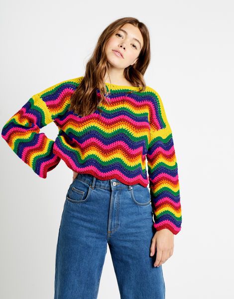 Pride Sweater | Wool and the Gang Malibu Sweater, Free Crochet Sweater Patterns, Cropped Crochet Sweater, Pride Sweater, Free Crochet Sweater, Wool And The Gang, Looks Jeans, Sweater Patterns, Crochet Sweater Pattern Free