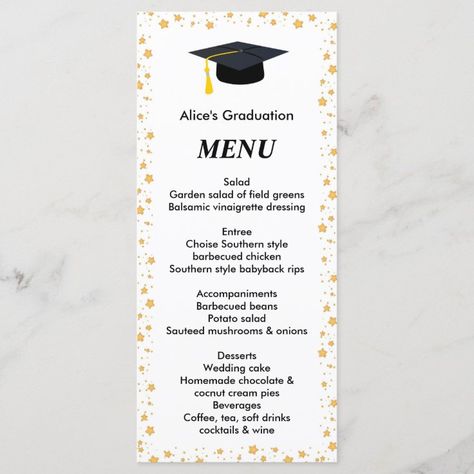 Graduation Menu Ideas, Graduation Dinner Invitations, Graduation Dinner Table Ideas, Graduation Menu, Luncheon Menu, Homemade Wedding Cake, Graduation Party Table, Graduation Food, Graduation Dinner