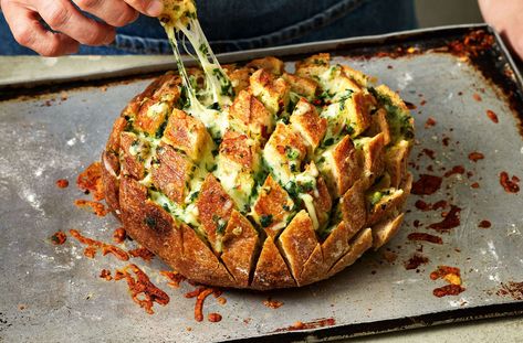 Tear & Share Hedgehog-style Wild Garlic Bread Recipe | Waitrose & Partners Best Dinner Party Recipes, Garlic Butter For Bread, Waitrose Food, Cheesy Pull Apart Bread, Candied Orange Slices, Garlic Bread Recipe, Cheesy Garlic Bread, Wild Garlic, Pull Apart Bread