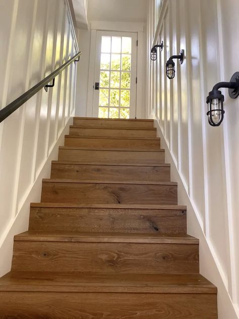 House With Fireplace, Barnstable Massachusetts, Enclosed Staircase, Basement Steps, Basement Guest Rooms, Stair Wall, Basement Living Rooms, Cape Cod Style, Basement Makeover