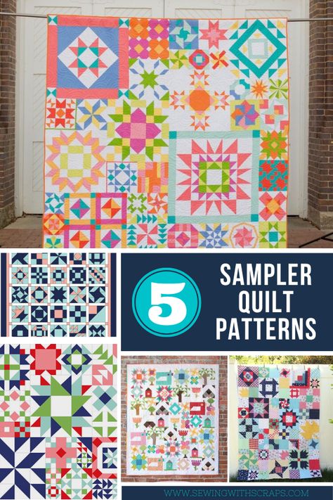 5 Sampler Quilt Patterns - Sewing With Scraps Beginner Sampler Quilt Pattern, Modern Sampler Quilt Patterns, Quilt Layouts Templates, Scrappy Sampler Quilts, Quilt Sampler Blocks, Sampler Blocks Free Pattern, Sampler Quilt Blocks Free Pattern, Free Sampler Quilt Patterns, Scrap Quilt Block Patterns