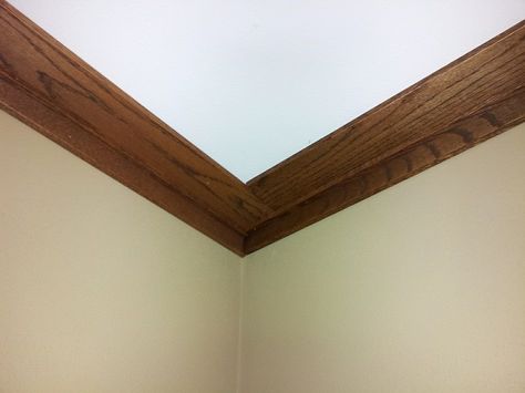 Wooden Crown Molding, Stained Crown Molding, Crown Molding Ideas, Crown Molding Vaulted Ceiling, Wooden Crown, Ceiling Crown Molding, Wood Crown, American Foursquare, Wood Crown Molding