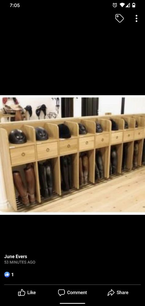 Organize your tack room with school cubbies! Tack Room Cubbies, Tack Room Boot Storage, Horse Equipment Storage, Stable Organization Ideas, Barn Tack Room Ideas, Tack Room Lockers, Feed Room Organization, Horse Tack Room Ideas, Stable Ideas Tack Room