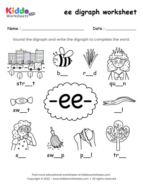 Digraphs Activities Free, Or Worksheets Phonics, Ee Digraph Worksheets, Digraph Worksheets Kindergarten Free, Ee Phonics Worksheet, Ee Phonics, Ee Ea Worksheets, Vowel Digraphs Worksheets, Th Worksheets Digraph