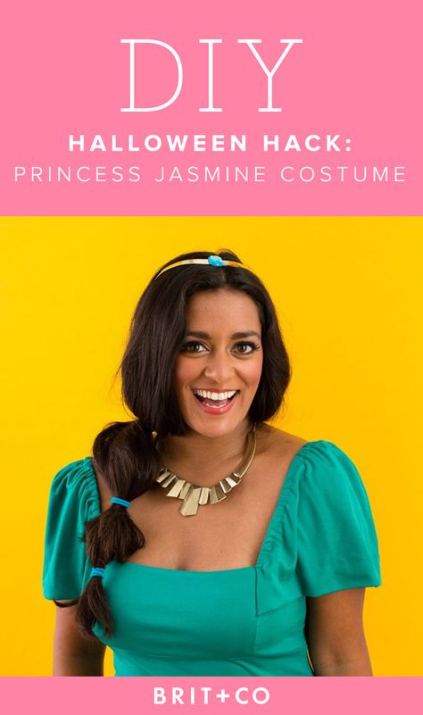 DIY a Princess Jasmine Halloween costume from Aladdin with this easy DIY Halloween hack. Jasmine Costume Diy, Halloween Costume Hacks, Princess Jasmine Halloween Costume, Jasmine Diy, Ghost Bride Costume, Easy Ponytails, Jasmine Halloween Costume, Lady Gaga Costume, Aladdin Costume