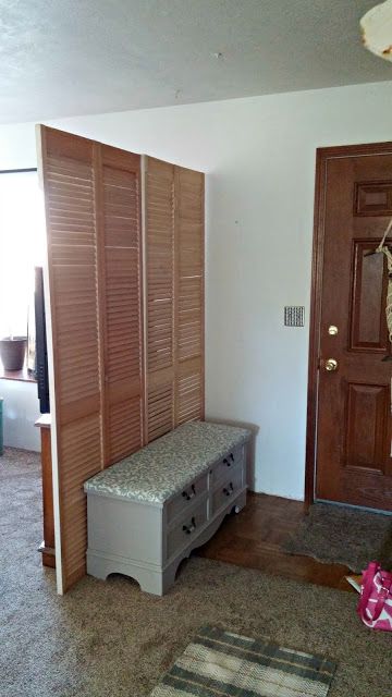 How to build a fake entryway foyer with window shutters How To Fake Entryway, Fake Foyer Entryway, Entryway Privacy Ideas, How To Fake An Entryway When You Dont Have One, Faux Entryway Ideas, Foyer With Window, Fake Entryway Ideas, Fake Entryway, Entry Divider