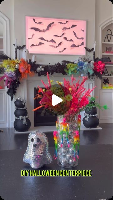 SAMI RICCIOLI on Instagram: "Easy Halloween vase DIY ! I used some mini plastic rainbow skeletons from @partycity and glued them to a clear glass vase. I spray painted some dried florals in neon colors and added the mini disco balls for filler because why not and I am thrilled with how cute it came out. ☠️🪩 Disco caludrons , mantle decor and sequin ghost is from @homegoods 

 #halloweendecor #halloweencraft #diy #partycity #halloween #halloweendiy" Diy Disco Halloween Decor, Halloween Vase, Disco Balls, Clear Glass Vases, Diy Vase, Mantle Decor, Party City, Neon Colors, Easy Halloween