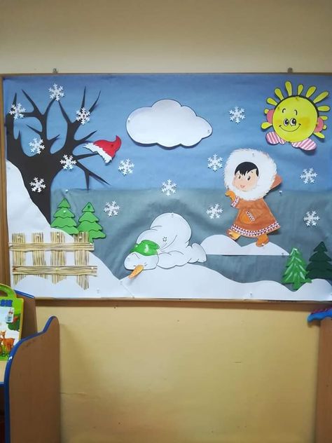 Winter Day School Decoration, Winter Season Board Ideas, Winter Season Chart For Preschool, Winter Wall Decorations For School, Winter Charts For Preschool, Winter Board Decoration Ideas School, Winter Display Boards Nursery, Winter Display Boards, Christmas Board Ideas For School