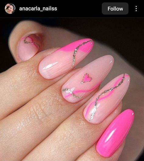 Hot Pink Silver Nails, Hot Pink And Silver Nails Prom, Silver And Hot Pink Nails, Hot Pink And Silver Nails, Nail Art Hot Pink, Cute Hot Pink Nails, Glowup Checklist, Pink Silver Nails, Silver And Pink Nails