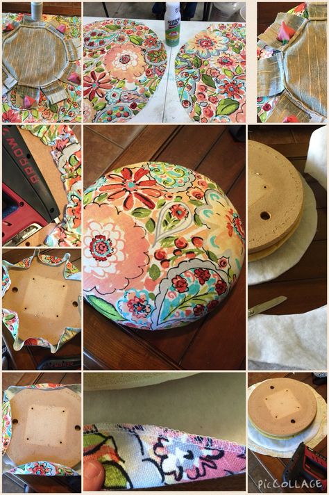 How to recover a round bar stool cushion without piping. Diy Metal Chair, Chair Cushions Diy, Reupholster Bar Stools, Diy Chair Cushions, Bar Stool Makeover, Diy Bar Stools, Stool Makeover, Bar Stool Cushions, Reupholster Chair Dining