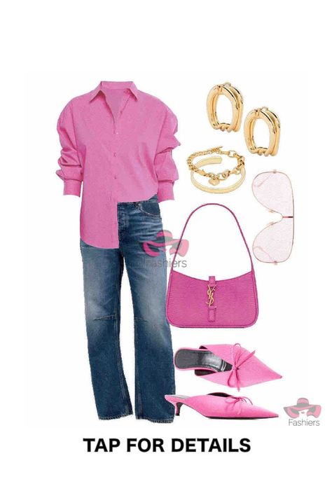 Outfit created with Fashiers app! Discover more styling tips visit fashiers.com! Join Fashiers community and learn different ways to style your favorite garments and discover the latest trends from your favorite stores Pink Chic Outfit, Pink Baguette Bag, Baby Pink Shirt, Styling Jeans, Jeans And Shirt, Pink Mules, Pinterest Trends, Fall Chic, Matching Baby