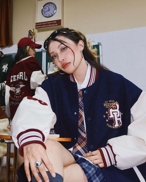 korean girl in uniform School Uniform Photoshoot, Student Photoshoot, Letterman Jacket Outfit, Black Letterman Jacket, School Merch, Varsity Design, Senior Jackets, Blue College, Couple Jacket