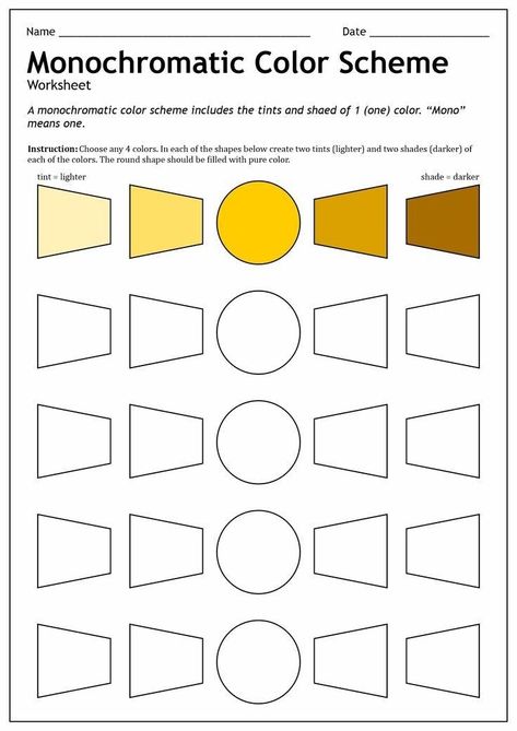 Color Theory Worksheet, Elements Of Art Color, Art Handouts, Art Teacher Resources, Color Theory Art, Monochromatic Art, Art Education Lessons, Middle School Art Projects, Jr Art