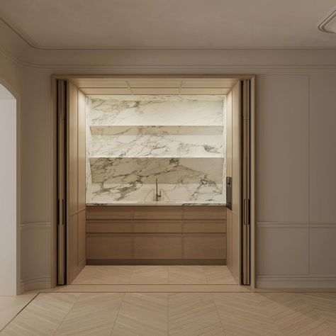 Discover minimalist elegance with our concealed storage solutions. A chic secret door unveils an oven and ample storage. Sleek pocket doors… | Instagram Kitchen Pocket Doors, Pocket Doors Kitchen, Modern Pocket Doors, Pocket Door, Pocket Doors Bathroom, Georgian Kitchen, Basement Wet Bar, Bar Nook, Marble Shelf