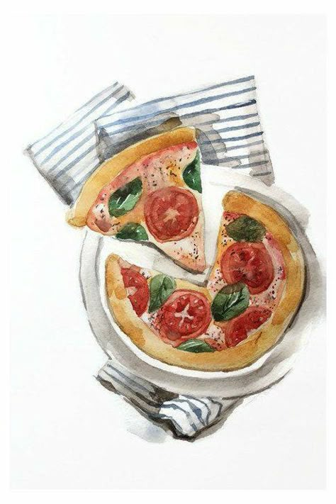 Pizza Painting, Pizza Watercolor, Watercolor Kitchen, Restaurant Wall Decor, Watercolor Food Illustration, Food Watercolor, Painting Food, Pizza Art, Food Sketch