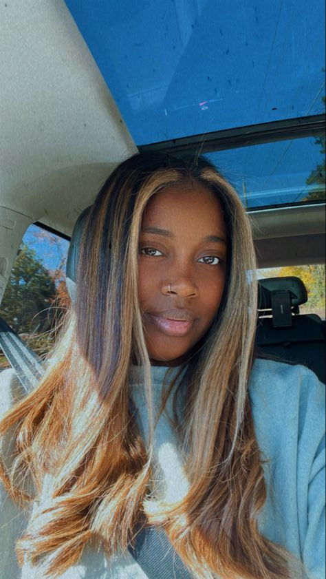 Y2k Highlights Brown Hair, Brown And Blonde Hair Black Women, Money Pieces On Brown Hair, Honey Blonde Hair Black Women, Honey Blonde Streaks, Highlights For Black Women, Blonde Styles, Hair Honey Blonde, Natural Hair Highlights