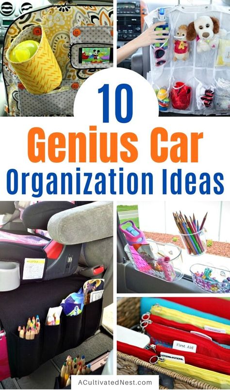 Organizing Trunk Of Car, Diy Car Storage Organizing Ideas, Living Out Of Your Car Organization, Car Snack Storage, Car Living Storage, Purse Storage Car, Car Toys Organization Ideas, Car Organization Ideas Diy, Mini Van Storage Ideas