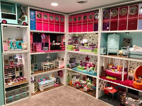 My Life Dolls Organization, My Life Doll House Diy, Dollhouse Storage Ideas, Doll House Storage Ideas, American Girl Doll Storage Organizing, My Life Doll House, Ag Doll House Diy, American Girl Doll Storage Ideas, Dollhouse Display Ideas