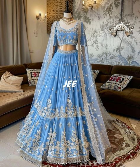 Light Blue Traditional Dress, Punjabi Sweet 16, Lehenga For Bridesmaid, Ice Blue Lehenga, Light Blue Lehenga, Heavy Lehenga, India Shopping, Dresses Traditional, Royalty Aesthetic