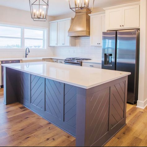 Kitchen Island With Trim, Paneling Island Kitchen, Kitchen Island Trim Ideas Modern, Herringbone Island Kitchen, Chevron Kitchen Island, Kitchen Island Herringbone, Kitchen Island Back Panel Design, Wood Shiplap Island Kitchen, Back Of Island Design