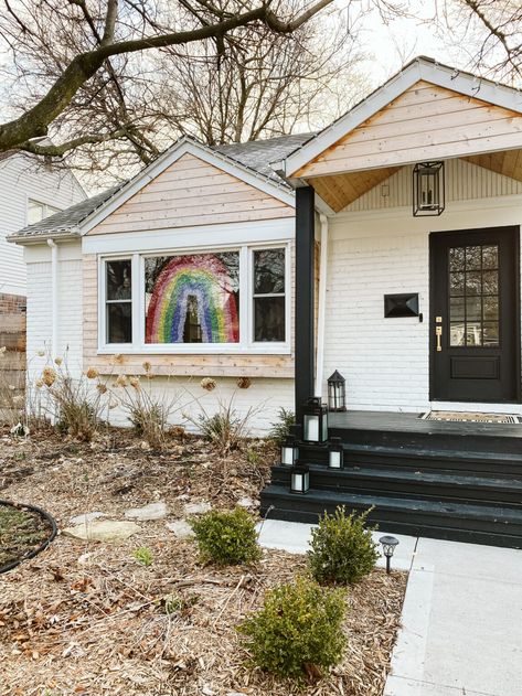 Modular Curb Appeal, Small House Front Porch Design, Small Front Patio Ideas Curb Appeal, Front Porch Black Door, Black Pillars On Front Porch, Black Front Porch Ideas, Black Porch Ideas, Small House Front Porch, Small Front Porch Remodel