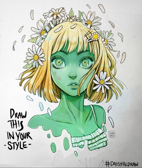 drawthisinyourstyle | @lord_gris with the #dtiys 💖 #daisygreen . ----------------------------------------------------------- {💗 PLEASE : LIKE // SHARE // SAVE 💗… | Instagram Dtiys Art, Daisy Drawing, Gender Bend, In A Funk, Art Style Challenge, Different Art Styles, New Challenge, Art Prompts, Style Challenge