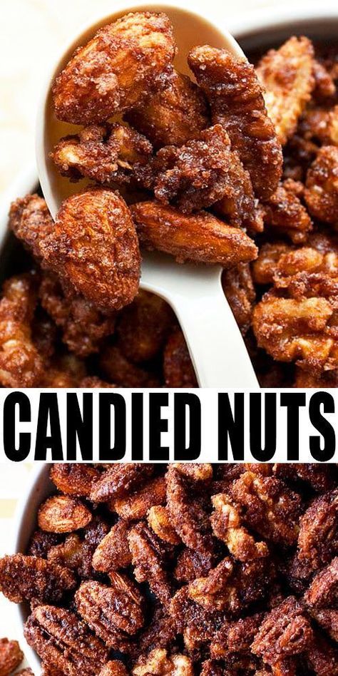 HOW TO MAKE CANDIED NUTS- Use this quick and easy recipe to make 3 different flavor variations on stove top or oven, with simple ingredients. Sweet and spiced and packed with cinnamon. Great as snack, for salad or homemade gift! From CakeWhiz.com #nuts #candiednuts #fall #thanksgiving #dessert #snack #christmas #almond #walnuts #cashews Candied Pecans Easy, Candied Nuts Recipe, Pecan Desserts Recipes, Snack Christmas, Thanksgiving Desserts Easy, Spend With Pennies, Nut Recipes, Crunchy Snack, Pecan Recipes