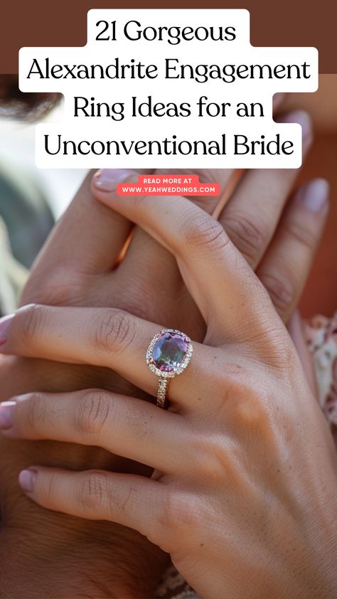 A stunning couple showcasing a beautiful alexandrite engagement ring, with the stone changing colors in different lights, perfect for an unconventional bride. Alexandrite Engagement Rings, Alexandrite Solitaire Ring, Alexandrite Engagement Ring Bbbgem, Alexandrite Halo Engagement Ring, Nature Inspired Wedding Ring Alexandrite, Synthetic Alexandrite Engagement Ring, Nontraditional Engagement Rings, Gemstone Rings Vintage, Alexandrite Stone