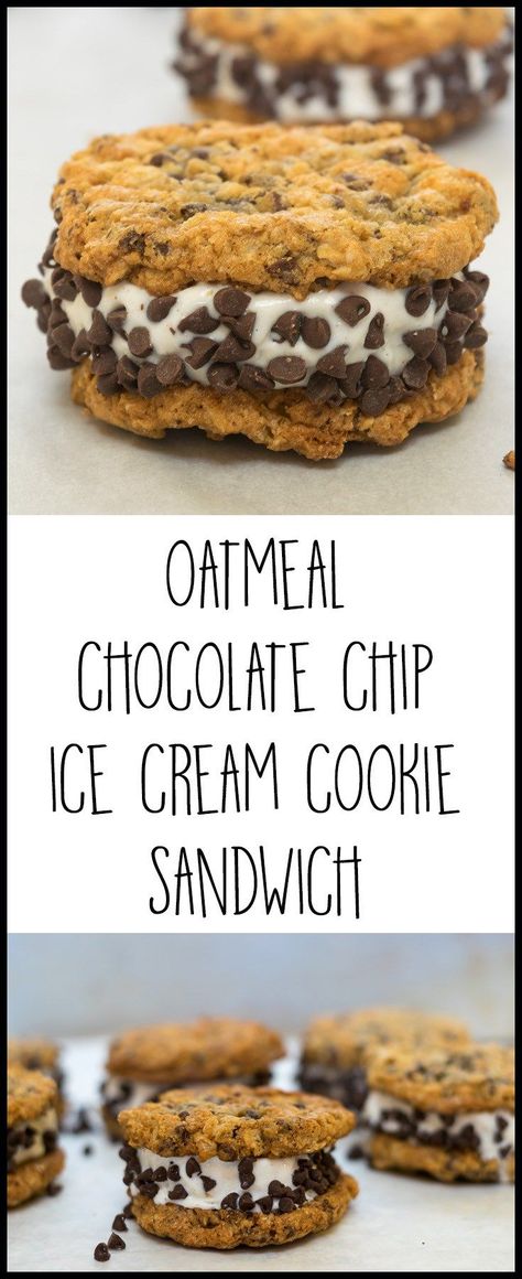 An Oatmeal Chocolate Chip Ice Cream Cookie Sandwich is high on the list of 'perfect summertime treats' with vanilla ice cream nestled between chewy oatmeal chocolate chip cookies. Ice Cream Cookie Sandwich Recipe, Easy Desert, Chewy Oatmeal Chocolate Chip Cookies, Cookie Sandwich Recipes, Pinterest Food, Cookie Sandwich, Scrumptious Food, Ice Cream Cookie Sandwich, Homemade Dessert