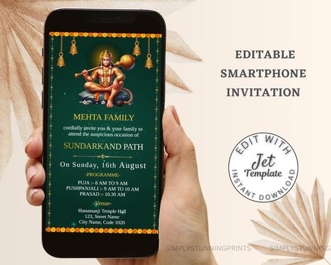 Sundarkand Path Invitation | Sri Hanumanji Sundarkand Invite | Indian Puja Invite | DIGITAL DOWNLOAD by SimplyStunningPrints on Etsy Sundarkand Invitation, Sundarkand Path Invitation, Sundarkand Path, Path Invitation, Templates Downloads, Desktop Computers, Digital Invitations, Web Browser, Invitation Paper