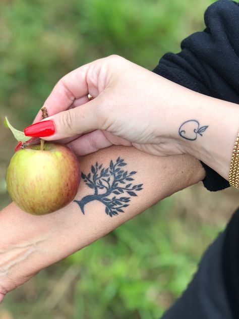 Apple And Tree Matching Tattoo, Apple Tree Tattoo Mother Daughter, Shared Tattoos, Apple Tree Tattoo, Apple Tattoos, Tree Tatto, Mommy Daughter Tattoos, Tree Tattoo Meaning, Apple Tattoo