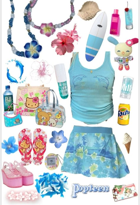 Hibiscus Girl Outfits, Coconut Core Outfit, Tropical Core Clothes, Tropicore Outfits, Beach Gyaru Outfits, Tropical Y2k Outfits, Tropical Girl Outfits, Gyaru Beach Outfit, Shoujo Beach Outfit