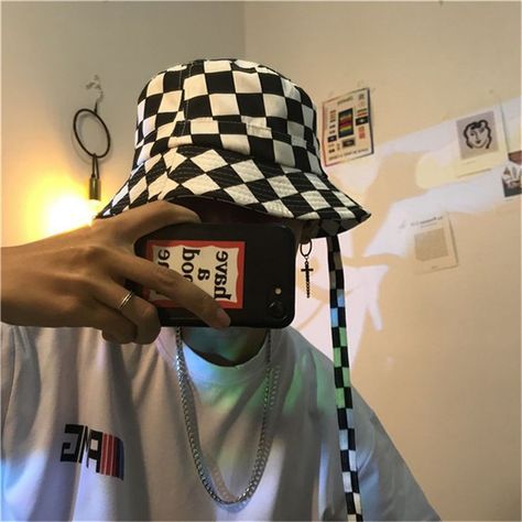 Bucket Hat Aesthetic Boy, Pant Accessories, Checkered Aesthetic, Bucket Hat Aesthetic, Belt Embroidery, Letter Canvas, Harajuku Street Style, Hat Aesthetic, Rave Culture