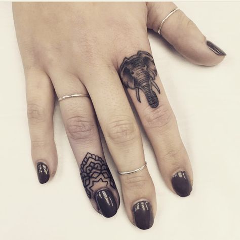 Elephant tattoo finger tattoo Elephant Finger Tattoo, Small Finger Tattoos, Elephant Tattoo Design, Finger Tattoo Designs, Finger Tattoo For Women, Elephant Tattoo, Two Fingers, Elephant Tattoos, Badass Tattoos