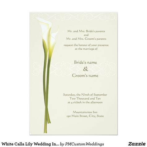 White Calla Lily Wedding Invitation Eco-friendly Calla Lily wedding invitations with elegant white calla lilies on a pale grey background. Easy-to-use template, with space to add your own information. Get the matching reply cards shown below. Calla Lily Wedding Invitations, Purple Calla Lilies Wedding, Bouquet Calla Lily, Travel Theme Wedding Invitations, Wedding Invitations Examples, Lily Wedding Invitations, Bright Wedding Invitations, Vintage Wedding Invitation Cards, Western Wedding Invitations