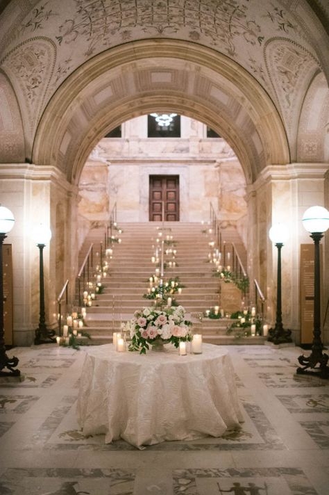 Romantic Entryway, Covered Staircase, Boston Public Library Wedding, Public Library Wedding, Art Museum Wedding, Library Wedding, Time And Time Again, Romantic Candles, Candle Cover