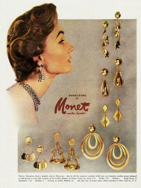 Monet 1953 Jewelry Charts, Advertisement Inspiration, Jewelry Advertisement, Jewelry History, Jewellery Advertising, Jewelry Ad, Patti Hansen, 1970s Jewelry, Monet Earrings