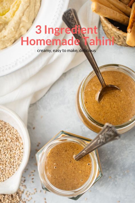 Make creamy delicious tahini at home with just 3 ingredients! This homemade sesame seed paste is so much better than store-bought! Use it in sauces, dressings, baked goods, hummus, and more.  #appetizer #condiment #snack #freezerfriendly #kidfriendly #makeahead #quickandeasy Homemade Tahini, Tahini Recipe, Slender Kitchen, African Cooking, Outdoor Grilling, Sesame Seed, Homemade Spices, Healthy Side, Quick Healthy Meals