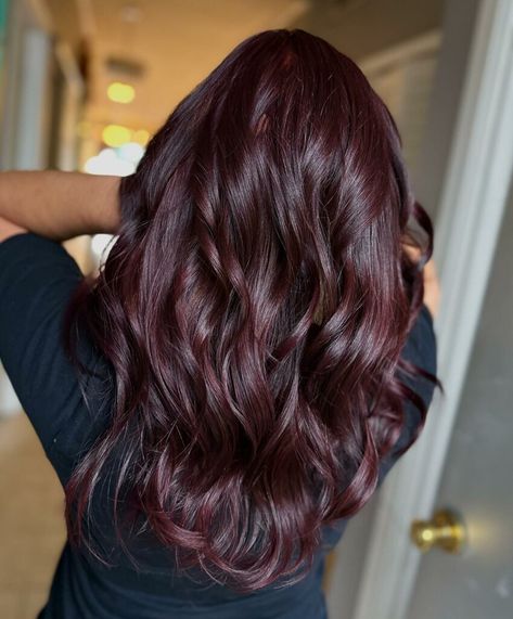 Bordo Hair Color, Subtle Black Cherry Hair, Black Cherry Hair Color With Bangs, Burgundy Hair On Brown Skin, Cabello Chocolate Cherry, Red Global Hair Color, Red Violet On Dark Hair, Red Hair On Brown Skin, Blackberry Hair Colour