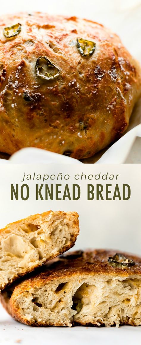 Simple crusty no-knead jalapeño cheddar bread recipe made in the dutch oven on sallysbakingaddiction.com Dutch Oven Jalapeno Cheese Bread, Jalapeño Cheddar Dutch Oven Bread, Easy No Knead Jalapeno Cheese Artisan Bread, No Knead Dutch Oven Jalapeno Cheddar Bread, Cheddar Jalepeno Artisan Bread, Cheddar Bread Recipe, Easter Camping, Cheddar Bread, Breads Recipes