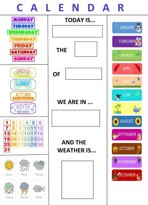 Ingles Kids, Calendar Worksheets, Classroom Charts, Classroom Calendar, English Activities, English As A Second Language, Kids Calendar, Toddler Learning Activities, Preschool Learning Activities